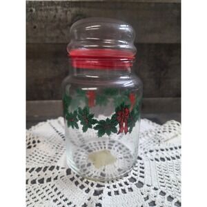 Vintage - Libbey Holly Jolly Christmas Clear Glass 7" Candy Jar Canister 1980s